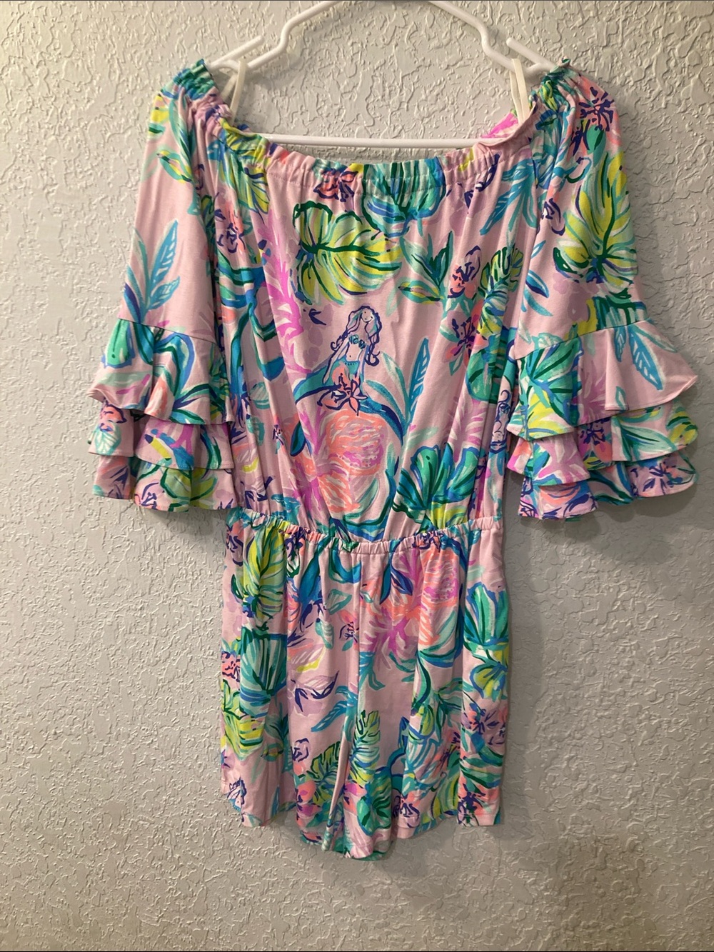 Lilly Pulitzer Pink Tropical Off-Shoulder Ruffle Romper